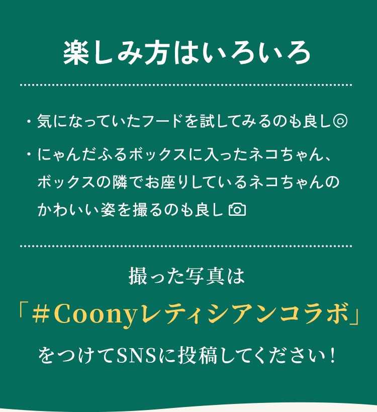 楽しみ方はいろいろ、撮った写真は#CoonyレティシアンコラボをつけてSNSに投稿してください！