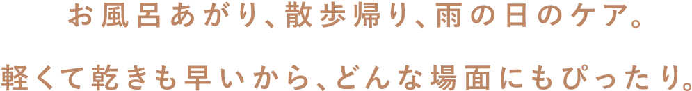 お風呂上り、散歩帰り、雨の日のケア。軽くて乾きも早いから、どんな場面にもぴったり。