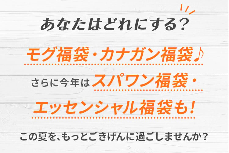 あなたはどれにする?モグ福袋・カナガン福袋・エッセンシャル福袋・スパワン福袋。